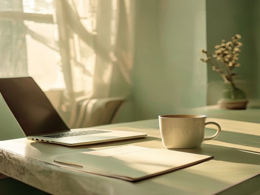 Desk with laptop, notebook and coffee cup in morning light
